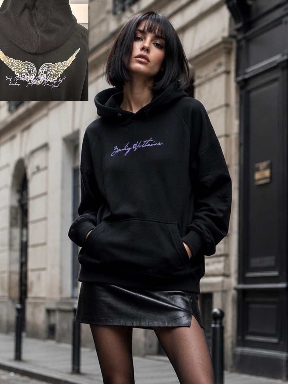 ZADIG & VOLTAIRE Black Evata Compo Concert Pullover Hoodie SZ L Casual Celestial